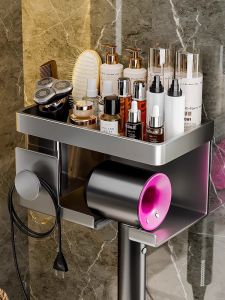 Space Aluminum Hair Dryer Holder Wall Mounted Bathroom Storage Shelf No Drilling Required Hair Blower Organizer for Bathroom