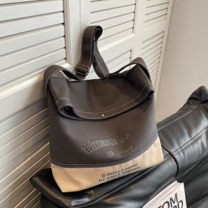 American Retro Canvas Tote Bag Women Large Capacity Shoulder Crossbody Bucket Bag Leisure Pure Color Magnetic Buckle Closure