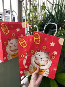 [🧧TẾT 2025] Túi giấy kraft đỏ Thần tài Mèo may mắn 2 kích cỡ mừng năm mới 2025 Xuân Ất Tỵ - size 21x27x11cm Lucky Cat Happy New Year Red paper bag @gocdoquyen (Góc Đỗ Quyên shop)