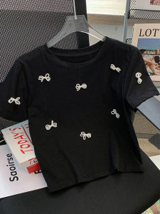 Áo Thun Nữ Tay Ngắn Phong Cách Hàn Quốc Đính Hạt Thanh Lịch Mùa Hè Thiết Kế Nơ Bướm Gợi Cảm Chất Liệu Cotton Co Giãn