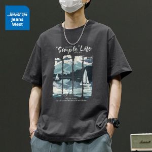 True Weave Blue Short Sleeve Cotton T-Shirt Mens Summer New Style American Trend Teenage Boys Pure Cotton Half Sleeve