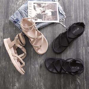 2025 New Womens Roman Style Sandals Thick Bottom Platform Slip-On Summer Shoes Fashionable Flat Heel PU Material Upgraded Version