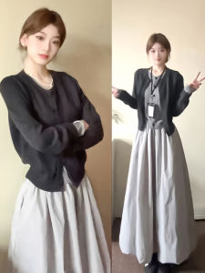 YIFANSHI | Chân Váy Xòe Dài Phối Cao Đẹp Màu Xám Cho Mùa Hè