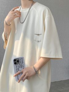 New Chinese Style Ice Silk Short Sleeve T-Shirt Mens Summer Thin Loose Casual Top with Button Design Breathable Polyester