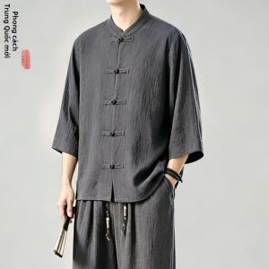 JIARONG | Áo Sơ Mi Ngắn Tay Lụa Mát Cho Người Già Phong Cách Trung Quốc Cổ Điển