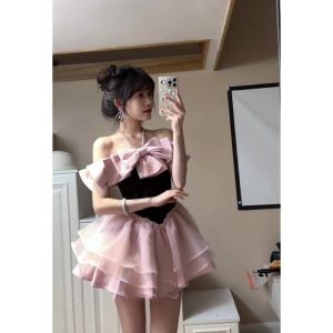 Princess Wind A-Line Skirt Sleeveless One-Word Collar Embellished With Rhinestones For Spring And Summer Small Size Fairy Dress Birthday Dress Short Dress