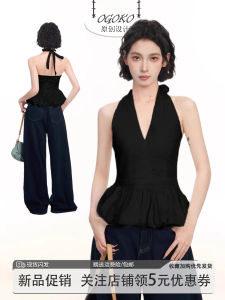 Black V-Neck Strapless Top Women Summer Outdoor Wear Design Sensation Beautiful Back Exposure Waist Cinch Sleeveless Flower Bud Top