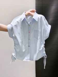 Rainbow Button Polo Neck Stripe Short Sleeve Womens Loose Fit Base Shirt Summer Thin Drawstring T-Shirt Casual Commute Style