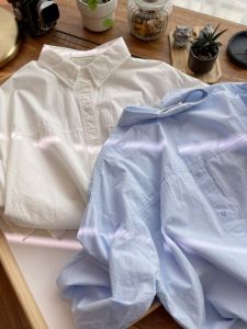 Womens Long Sleeve Cotton Shirt Spring Autumn Winter Washed Pure Color Polo Collar Button up Loose Fit Korean Style Top