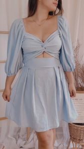 DNEMNLPH Skylar Longsleeves Twisted Vintage Dress - Trendy Korean Bangkok Pleated Garter Stretch Ruched