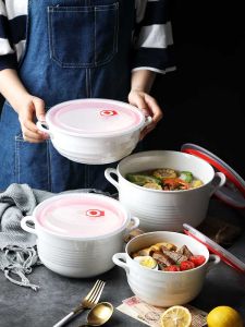 High Temperature Resistant Ceramic Freshness Bowl Double Ears with Lid Sealed Packaging Bowl Microwave Oven Large Capacity Soup Plate