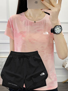 Tinikeng Womens Ice Silk Short Sleeve Fitness Running Suit Breathable Quick Dry Two Piece Set Camouflage Short Shorts