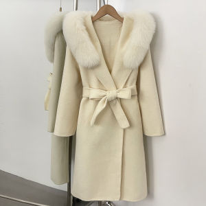 Elegant Woolen Coat Mid Length Womens Woolen Coat Real Fox Fur Collar Wool Autumn Winter New Hooded Double Faced Coat Women