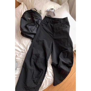 Quần Ống Rộng Nhanh Khô American Retro Màu Đen Cho Nữ Mùa Hè 2025 Quần Dài Ống Đứng Cạp Cao Rộng Rãi Thời Trang