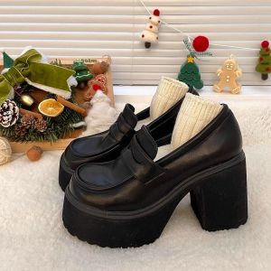 Black High Heel Thick Bottom Single Shoes Womens 2024 New JK Uniform Style Fashion Loafers Uppers Made of Cow Leather