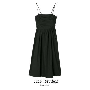 Black Off-Shoulder Pleated Design Mid-Length Strap Dress Australian Unique Summer New Style High Waist A-Line Cotton Blend Dress
