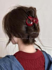 Ankela Red Medium Hair Claw Clip Womens High-End Sensation Hair Accessories Shark Tail Clip Half-Up Hair Styling Fashionable