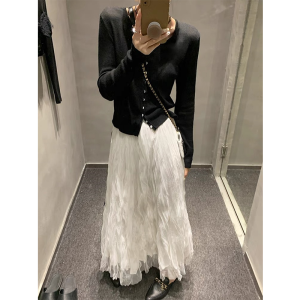 French Style High Waist A-Line Midi Skirt Womens Early Autumn New Slimming Tulle Fairy Skirt Commute Korean Style Pleated