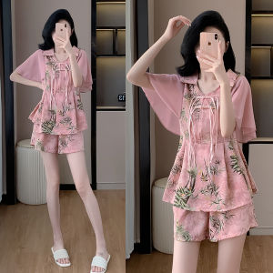 Elegant Casual Chinese Print Womens Fashion Set Short Sleeve Chiffon Dress And Shorts Two-Piece Suit Summer Collection