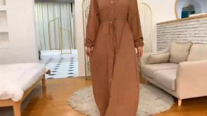 GDTIMA Vintage Dress Wanita Polo Collar Lengan Panjang & Drawstring Dress