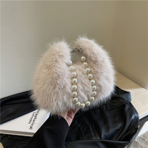 Autumn Winter Plush Handbag Womens Fashion Pearl Commuter Bag Soft Korean Style Medium Softness Single Shoulder Crossbody Bag