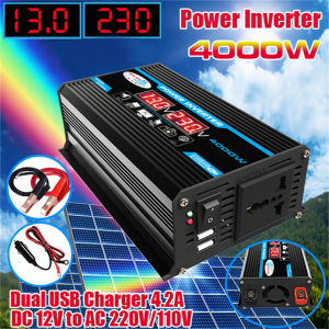 ZCAUTO Inverter Frekuensi Tinggi Daya Puncak Gelombang Sinus Terkoreksi Daya Puncak 4000W DC 12V ke AC 220V Pengisi Daya Mobil dengan Layar 2.1A Port USB Ganda