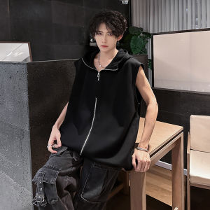 American High Street White Semi-Zipper Mens Vest Summer Small Crowd High Collar Sleeveless T-Shirt Design Hat Shoulder