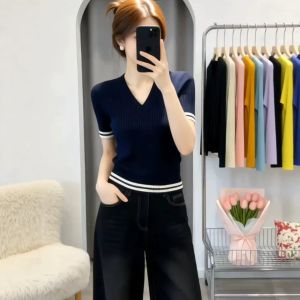 Color-block Stripe V-neck Short Sleeve Knitwear For Women
