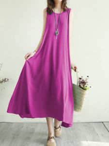 ชุดเดรสยาวคลุมเข่าทรงหลวมสไตล์วินเทจสีพื้นฤดูร้อนปี 2024 เอวสูง แขนกุด คอตั้ง สไตล์ลำลอง ชุดเดรสผู้หญิง