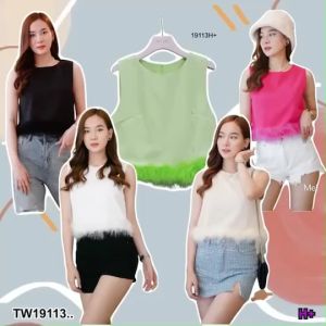 TW19113 เสื้อกล้ามทรงครอป แต่งขนนก ..