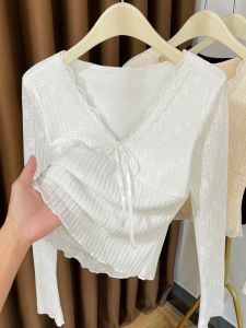 เสื้อเชิ้ตคอวีลึกผ้าลูกไม้บุขนแกะ ทรงเข้ารูป แขนยาว ปกโปโล ผ้าไนลอน ผ้ากำมะหยี่ ผ้าตาข่าย สำหรับผู้หญิง ฤดูใบไม้ร่วง/ฤดูหนาว