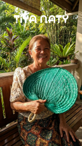 TIYA NATY 100pcs LARGE-XL Anahaw Abaniko Pamaypay Native Handheld Fan Wedding Souvenir Giveaways paypay. Large teal woven handheld fans with white handles.