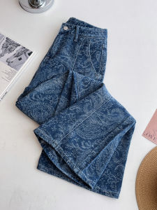 PAIBOLI | Elegant Vintage Dark Blue Printed Plus Size Jean Wide Leg Trousers
