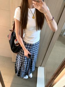 Váy Kẻ Caro Cạp Cao American College Style Dành Cho Nữ Dáng Chữ a Dài Vừa Phải Màu Khối Tương Phản Cho Nữ Cao 175cm