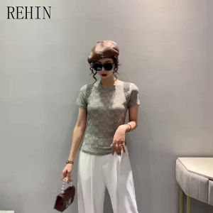 REHIN Summer new fashion versatile hot drill T-shirt round neck short sleeve European style top with unique design women blouse