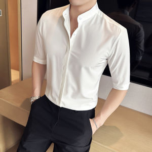 New Chinese Style Stand Collar Ice Silk Mens Shirt Short Sleeve Summer Slim Fit Button down Seven Sleeve Mens Fashion