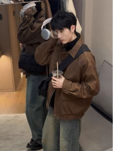 American Brown Leather Coat Outerwear Mens Spring and Autumn New Maillard Wear High Sense Cleanfit Bomber jacket