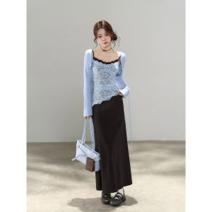 YIKEXIAOYEMEI | Đầm Dài Knit Giả Hai Mảnh Màu Khối