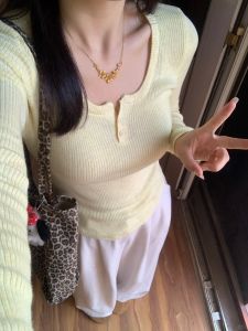 Chic Knitted Long Sleeve U-Neck Sweater Yellow Pure Desire BM Style Womens Base Layer Top Button Detail Commute Fashion Korean Fit