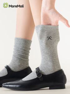 สีเทา ผ้าฝ้าย ถุงเท้าสําหรับผู้หญิง ฤดูใบไม้ผลิ ฤดูใบไม้ร่วง Pure ผ้าฝ้าย ถุงเท้าถึงกลางน่อง ถุงเท้าปมผีเสื้อไม่มีตะเข็บเหมาะสําหรับถุงเท้ายาวโลฟเฟอร์