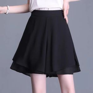 Double Layer Silk Chiffon Womens Summer Thin Wide Leg Pants High Waist Draped Large Size Skirt Pants Loose Casual Shorts Skirt