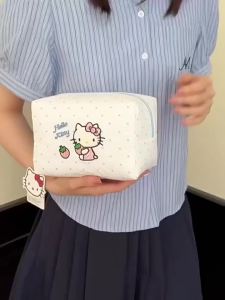 Sanrio | Strawberry Milk Cartoon Hello Kitty Soft Cotton Makeup Bag for Girls Portable Skincare Organizer Student Toiletry Bag Cute Ca