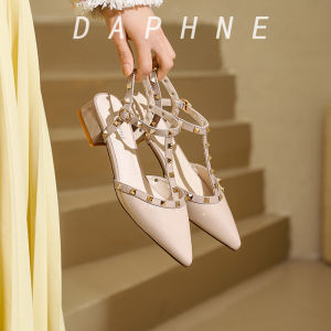 รองเท้าแตะส้นสูง Daphne สำหรับผู้หญิง ฤดูร้อน 2023 ทรงหัวแหลม ไม่เจ็บเท้า หัวเข็มขัด ดีไซน์รูปโล่ รองเท้าแตะส้นสูงแบบสวมสบาย