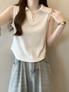เสื้อกั๊กแขนกุดคอโปโลทรงสลิมฟิตสำหรับผู้หญิงในช่วงฤดูร้อนปี 2025 ดีไซน์สั้นแบบลำลอง สไตล์เกาหลี คอกลม แขนกุด แฟชั่น