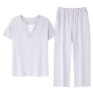 MiiOW | Pure Cotton Summer Lightweight Short Sleeve Pants Set Womens Sleepwear Home Clothes MiiOW Cat Lady Sweet Style V-neck Suit