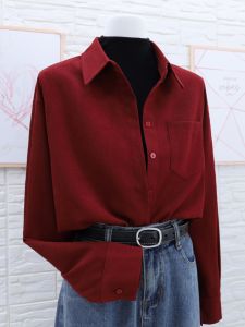 Áo Sơ Mi Nữ Ủi Lông Cừu Đỏ Mùa Thu 2025 Áo Sơ Mi Dài Tay Màu Đỏ Rượu Vang Cổ Polo Thường Ngày Áo Khoác Ngoài Bên Trong