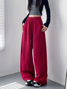 American Style High Waist Drawstring Fleece Lined Wide Leg Pants Womens plus Size Slimming Trousers Casual Comfortable