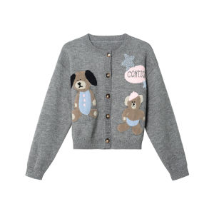 NIHAOKANONG | Áo Cardigan Dệt Kim Jacquard Cổ Tròn Hình Gấu Đáng Yêu