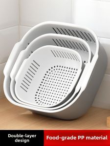 Thickened Hollow out Double Layer Plastic Fruit Washing Basket Kitchen Home Use Vegetable Cleaning Drain Basket Nordic Style