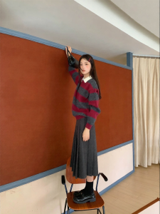 NIHAOKANONG | Đồ Knitwear Cổ Polo Thêu Sọc Cho Nữ Dáng Ôm Size Nhỏ